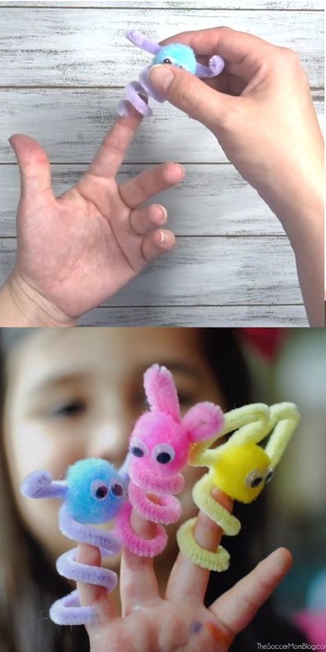 Super cute mess free kids craft! How to make finger puppets with pipe cleaners Make Finger Puppets, Crafts Cheap, Kids Mess, Puppets For Kids, Puppets Diy, Pipe Cleaner Crafts, Puppet Crafts, Cheap Crafts, Winter Crafts For Kids