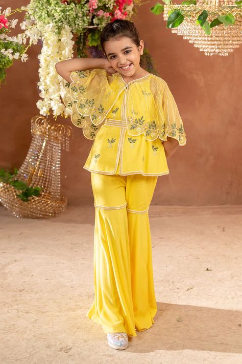 Kids Indo Western Outfits, Kids Sharara Designs, Cape Sharara, Yellow Sharara, Organza Cape, Western Kids, Haldi Dress, Cape Set, Embroidered Cape