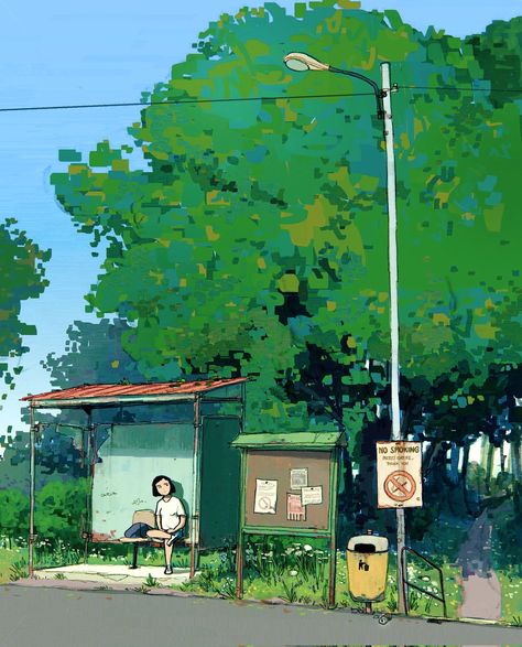 Bg Design, Landscape Illustration, Visual Development, Bus Stop, Environment Concept Art, Environmental Art, Anime Scenery, Pretty Art, 그림 그리기