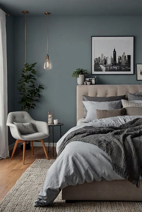 fireplace decorating, bedroom interior design, cozy bedroom decor, master bedroom fireplace Luxury Grey Bedroom Design, Grey Bed Blue Walls, Grey Room With Accent Wall, Bedroom Inspirations With Carpet, Cozy Bedroom Grey Bed, Charcoal Blue Bedroom, Room With Grey Walls Bedroom Ideas, Dusty Blue Bedroom Walls, Grey And Light Blue Bedroom