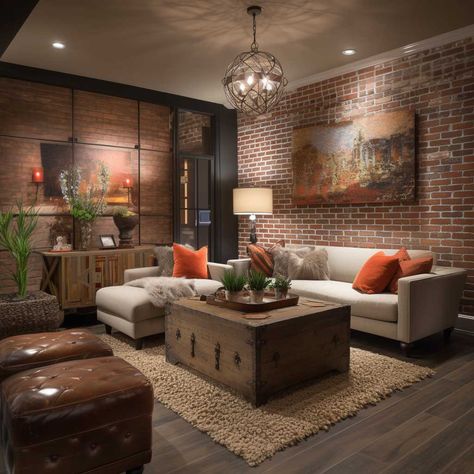 Red Brick Interior Living Rooms, Red Brick Wall Living Room, Rooms With Brick Walls, Exposed Brick Walls Living Room, Red Brick Living Room, Unit Decor Ideas, Brick Wall Interior Living Room, Red Brick Interior, Living Room With Brick Wall