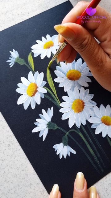 5 Min Drawing Ideas, Daisy Flower Painting Simple, Acrylic Painting Daisies, Daisy Flower Canvas Painting, White Daisy Painting Acrylic, Acrylic Painted Daisies, Crafts Drawing, Painting Leaves, Ideas For Easter Decorations