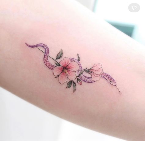 Snake With Flowers Tattoo Simple, Snake Cherry Blossom Tattoo, Cute Snake Tattoos For Women, Pink Snake Tattoo, Pretty Snake Tattoo, Green Snake Tattoo, Snake Flower Tattoo, A Snake Tattoo, Snakes Tattoo