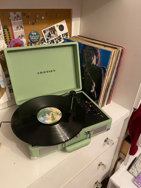 Green Record Player, Record Machine, Record Player Aesthetic, Lp Player, Crosley Record Player, Disco Aesthetic, Book Carts, Vinyl Display, Vinyl Aesthetic