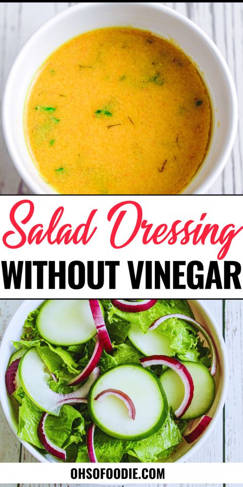 Text reads Salad Dressing Without Vinegar Salad Dressing Without Vinegar, Low Calorie Salad Dressing, Olive Oil Salad Dressing, Basic Salad, Garlic Salad, Easy Homemade Salad Dressing, Lemon Salad Dressings, Mayo Salad, Salad Aesthetic