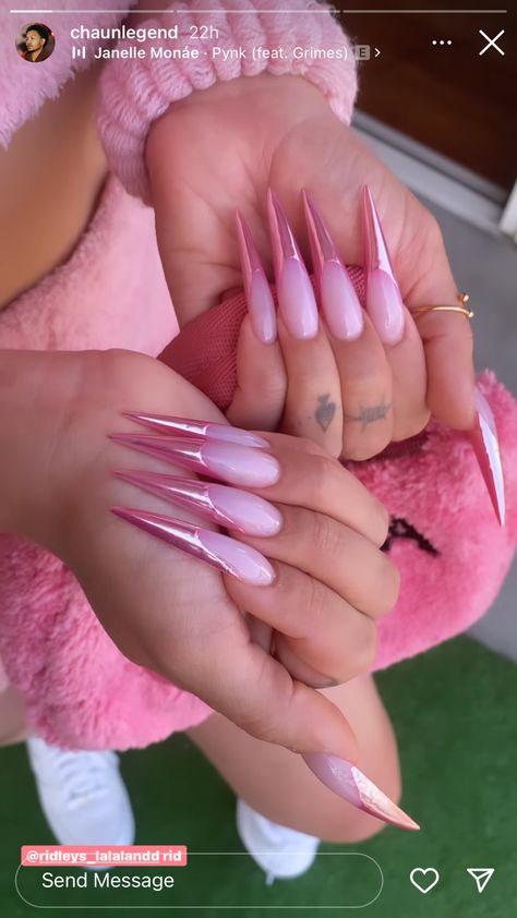 Pink Nail Designs Stiletto, Pink French Tip Stiletto Nails, Pink Claw Nails, Pink Stilletos Nails, Pink Xl Nails, Summer Nails Stiletto, Chrome Stiletto Nails, Trendy Nails Stiletto, Pink Stiletto Nails