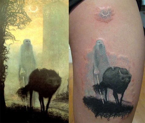 Beksinski tattoo Beksinski Tattoo, Zdzisław Beksiński, Tattoo Skin, Skin Art, Animal Tattoos, Body Art, Moose Art, Tattoos, Animals