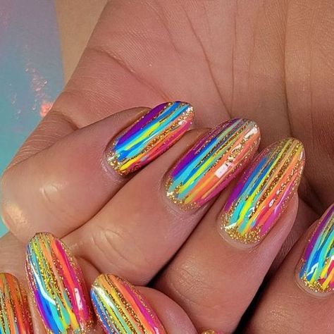 Gold And Rainbow Nails, Green Rainbow Nails, Rainbow Foil Nails, Rainbow Glitter Nails Acrylic, Rainbow Sparkle Nails, Kaleidoscope Nails, Edc Nails Designs, Glitter Rainbow Nails, Neon Rainbow Nails