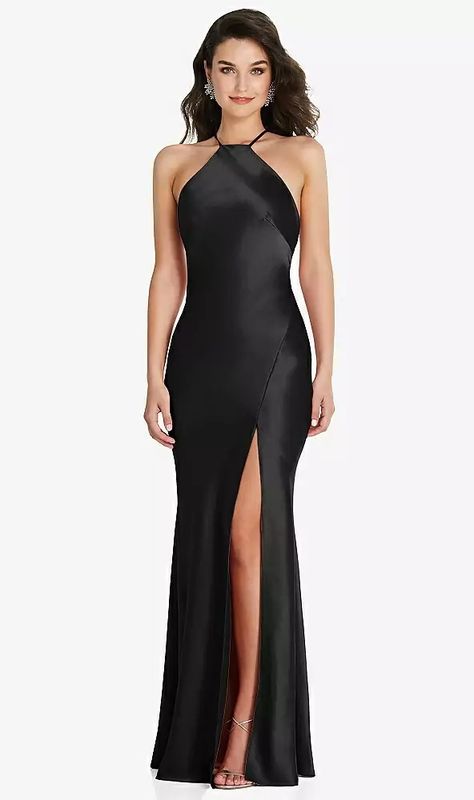 Size: Medium Color: Caviar (discontinued color) Fabric: Lux Charmeuse Romantic Goth Wedding, Alfred Sung Bridesmaid Dresses, Halter Strap Dress, Bias Slip Dress, Dresses In Black, Charmeuse Dress, Stunning Bridesmaid Dresses, Black Bridesmaid, Black Bridesmaids