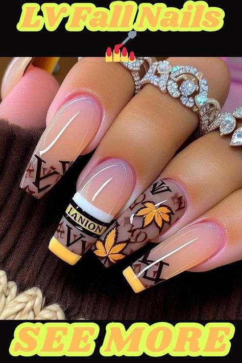 These elegant fall nails with the Louis Vuitton monogram are perfect for the season!  Click to see more fall nail designs and get inspired. ➡️  Designer Inspiration Credit:  This nail art is inspired by the luxury brand Louis Vuitton.  www.hauserinfo.com  #fallnails #nailart #lvnails Lv Nails Designs, Designer Nails Louis Vuitton, Elegant Fall Nails, Lv Nails, Burberry Nails, Louis Vuitton Nails, Elegant Fall, Fall Nail, Fall Nail Designs