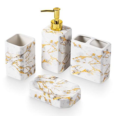 4 Piece Bathroom Accessories Set - White Bathroom Accessory Sets includes Lotion Dispenser, Toothbrush Holder Tumbler, and Soap Dish - Glossy Finish (Marble, White) Ceramics Texture, White Bathroom Accessories Set, 4 Piece Bathroom, White Bathroom Accessories, Marble Ceramic, Bathroom Accessories Set, Ceramic Bathroom, Soap Pump Dispenser, Marble Ceramics