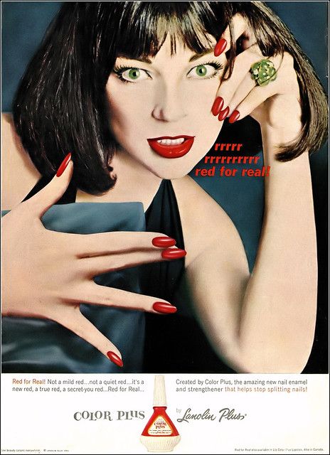 Ivy Nicholson, Red for Real nail enamel by Lanolin Plus, Harper's Bazaar, September 1961 Ivy Nicholson, Vintage Makeup Ads, Makeup Ads, Vintage Cosmetics, Vintage Makeup, Old Ads, Vintage Glam, Fire Heart, Harper's Bazaar