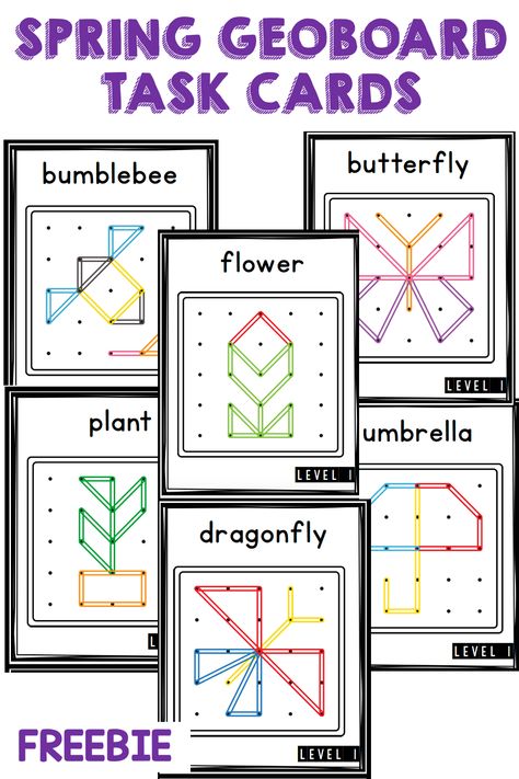 Stem Task Cards Free Kindergarten, Free Geoboard Printables, Geoboard Patterns Free Printable, Geo Board Patterns Printable Free, Geoboard Task Cards Free, Stem Math Activities, Spring Fine Motor Activities, Geoboard Activities, Stem Cards