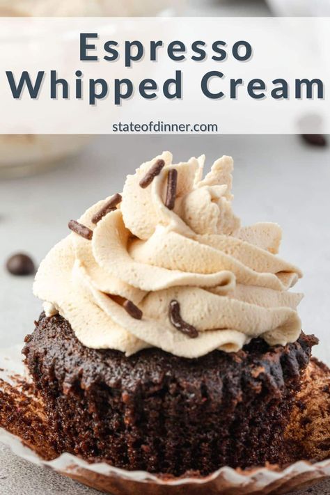 Whether you're a coffee lover or just looking to add some extra flavor to your desserts, our recipe for espresso whipped cream is a must-try! With just a few basic ingredients, you can whip up a batch of light and fluffy coffee-infused whipped cream that's perfect for topping off your coffee, cocktails, cheesecakes, cupcakes, and more! Coffee Icing Recipe, Espresso Frosting Recipe, Coffee Whipped Cream Recipe, Cheesecakes Cupcakes, Espresso Whipped Cream, Homemade Espresso, Fluffy Coffee, Whipped Cream Frosting Recipe, Stabilized Whipped Cream Frosting