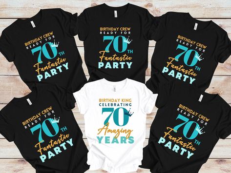 "Planning a 70th birthday party for your special friend or a family member? Get ready to party with these high quality matching birthday t-shirts!  These matching 70th birthday shirts are a great way to celebrate your special day with friends and family. A fun way to show off your crew and have everyone matching while you wear the original \"Birthday King\" T-shirt to stand out! * 100% combed and ring-spun cotton  * Fabric weight: 4.2 oz/yd² (142 g/m²) * Pre-shrunk fabric * Side-seamed construction; * Shoulder-to-shoulder taping  (Please note the listing is for ONE t-shirt only) \"Birthday King\" T-shirt comes in WHITE or SILVER All \"Birthday Crew\" shirts come in BLACK --- HOW TO ORDER --- 1. Select the Design and Size that you require. 2. Click the \"Add To Cart' Button - If ordering mu 60th Birthday Trip Shirts, 60th Birthday Shirts For Group, Funny 60th Birthday Shirts, 60th Birthday Shirts For Women, Birthday Crew Shirts, 60th Birthday Shirt, Birthday Group Shirts, Birthday King, Colorado Trip