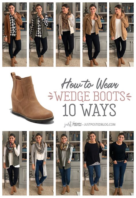 How to Wear Tan Wedge Booties – Just Posted Sneaker Wedges Outfit, Tan Boots Outfit Ankle Winter, Sorel Wedge Boots Outfit, Wedge Boot Outfit, Tan Shoes Outfit, How To Wear Wedge Boots, Sorel Boots Outfit, Wedge Booties Outfit, Wedge Boots Outfit