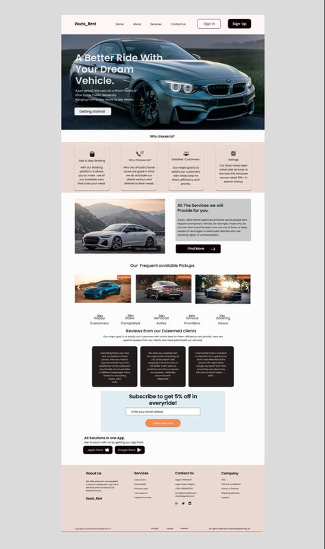 A car  rental service landing page that allows its users navigate around the web page to get more content about the page. Car Website Design, Ui Ux Website Design, Ux Website Design, Ui Ux Website, Photoshop Tutorial Design, Website Design Layout, Rent A Car, Graphics Illustration, Photoshop Tutorial