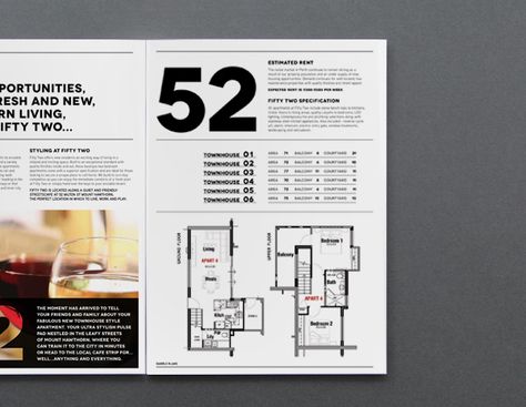 Apartments - Fifty Two on Behance Apartment Catalogue Layout, Catalogue Layout, Property Brochures, Marketing Tools, Business Cards, Editorial, Floor Plans, Layout, Apartment