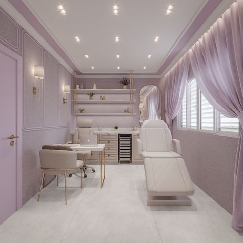 Medspa Suite Decor, Small Lash Salon Interior Design, Suite Room Design Salon, Small Botox Room Ideas, Lilac Beauty Salon, Mini Beauty Salon Ideas, Kozmeticki Salon Ideje, In Home Beauty Studio, Lavender Esthetician Room