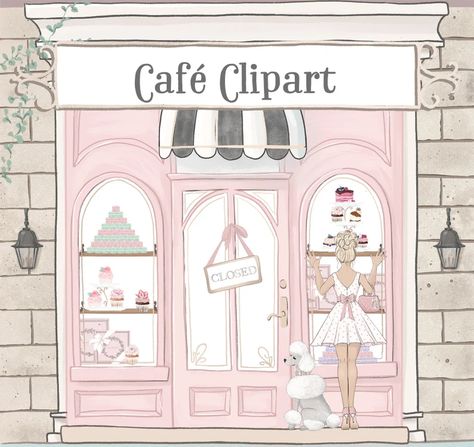 Cute Cafe Clipart Build Your Own Restaurant Clipart Paris | Etsy Patisserie Illustration, Cafe Clipart, Tea Party Clipart, Cake Paris, Flower Border Clipart, Spring Stationery, Event Invitation Design, French Buildings, Cupcake Clipart