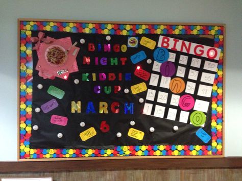 Bingo Board Bingo Bulletin Board, Bingo Bulletin Board Ideas, School Bingo Night Ideas, School Bingo Night Decorations, Bingo Hall, Bookopoly Bulletin Board, Free Bingo Boards 1-15, Bingo Night, Bulletin Board Design