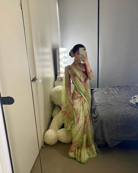 Swasti🧚🏼‍♀️ on Instagram: “Felt pretty, but it’s a daily thing 🌼” Nepal Saree, Nepali Saree, Sari Aesthetic, Nepal Aesthetic, Floral Saree, Blouse Saree, Aesthetic Cute, Nepal, Indian Fashion