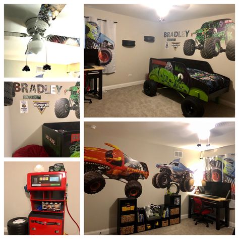 Monster Jam Room Decor, Monster Jam Kids Room, Monster Truck Boys Room, Monster Jam Bedroom Ideas, Monster Jam Room Ideas, Monster Jam Room, Boys Truck Room, Monster Jam Bedroom, Monster Truck Bedroom Ideas