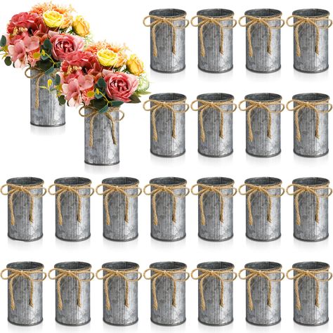 PRICES MAY VARY. Ample Quantity for Multiple Uses: this set of 24 rustic vases for home decor comes with the classic iron color; With a substantial quantity and beautifully paired twine bows, these vases can cater to your different decorative needs elevating the overall atmosphere of your space Compact yet Spectacular: each galvanized vase fills a space of approximately 2.76 x 4.33 inches/ 7 x 11 cm, a proper size to fit in any corner of your room; These vases may be small but when filled with f