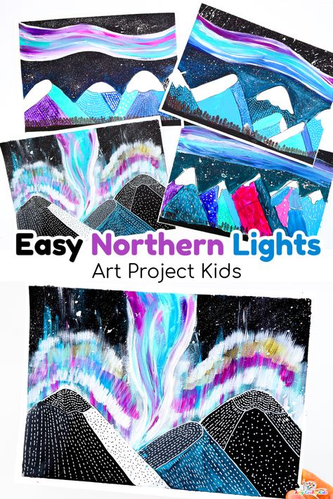 Winter Art Projects for Kids - Easy Northern Lights Art Project Northern Lights Tutorial, Northern Lights Art Project, Winter Art Projects For Kids, Weekly Activities, Northern Lights Art, January Art, Northern Lights Painting, January Crafts, Winter Art Projects