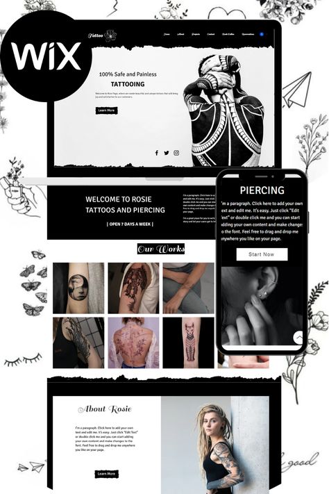 this is a weix website template for tattoo shop, tattoo artists and anyone who wants to star an online business by tattooing. it has it's own color style and high quality photos. easy to edit, responsive and mobile-ready. tell me your opinion about my templates in comment section. check out my shop on etsy: https://www.etsy.com/shop/SORENATHEMES?ref=seller-platform-mcnav I design website templates and bundles. please support me🙏 Tattoo Shop Design, About Me Template, Shop Tattoo, Website Ideas, High Quality Photos, Website Designs, Your Opinion, Design Website, I Design