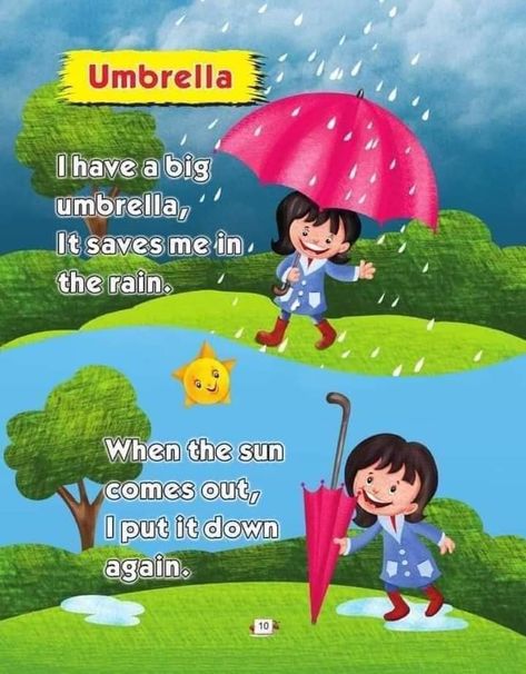 Umbrella kids poem. Kindergarten and preschool poem for kids. homeschooling worksheet Rain Rhymes, Poem For Kindergarten, Poem With Rhyming Words, Simple Poems For Kids, Poem Kindergarten, Poems For Kindergarten, English Rhymes For Kids, Short Poems For Kids, Poem English