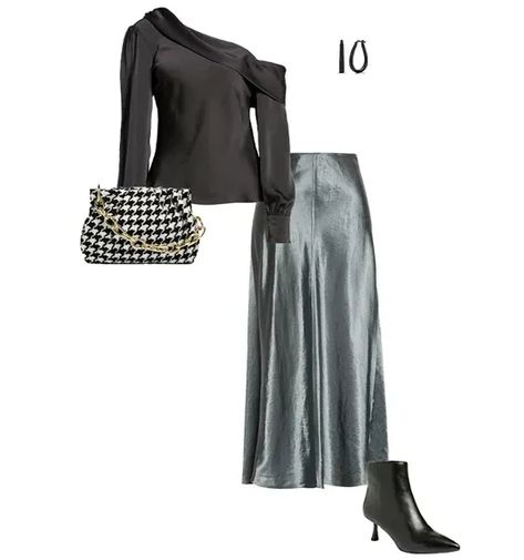 Satin top and midi skirt | 40plusstyle.com Office Party Outfits, Smart Casual Office, Black Tie Attire, Semi Formal Outfits, Company Party, Sequin Sleeve, Interview Style, Tuxedo Style, Tuxedo Dress