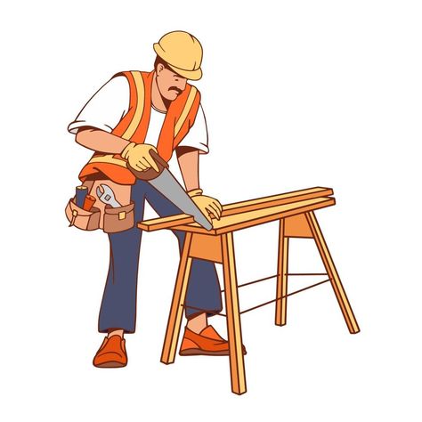 Builder sawing planks. Carpenter repairman. Building work services. Vector illustration. Carpenter Illustration, Flat Graphic Design, Graphic Design Vector, Business Concept, Bee Tattoo, White Flat, Cityscape Photos, Logo Banners, Building Construction