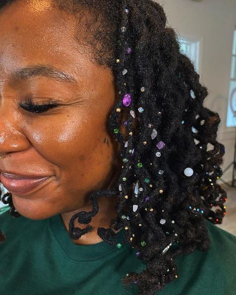 Crystals On Locs, Beaded Loc Styles, Hair Sprinkles On Locs, Trimmed Locs, Unique Locs Styles, Sprinkle Locs, Cool Loc Styles, Perm Rods On Short Locs, Messy Loc Styles