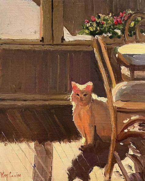 Kay McClure Crain on Instagram: "From one of my old Kodachrome slides...I just had to paint this because of that golden sunlight! "Cat In sunlight " Oil on linen panel 12x9 #kaycrainfineart #impressionism #impressionistart #catpainting #whitecats #catsofinstagram #stlouisartist" Painting Mood, Cat Art Illustration, Cute Paintings, Old Cats, Oil Painting Portrait, White Cats, Ap Art, Impressionist Art, Impressionist Paintings