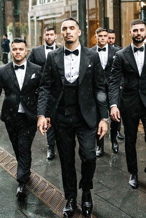 24 Modern Groom's Attire Details To Look Perfect ❤  grooms attire details black with bow tie classy suavebespoke #weddingforward #wedding #bride Black Suit Bow Tie, Groomsmen Attire Black, Black Wedding Suit, Wedding Suits Men Black, Wedding Suit Ideas, Wedding Suit Styles, White Wedding Suit, Wedding Groomsmen Attire, Groom And Groomsmen Suits