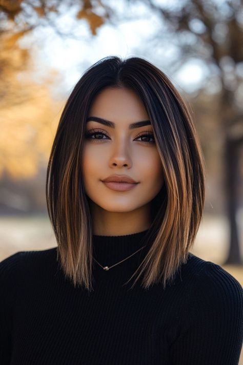 Layered Bob Balayage, Medium Sized Haircut, Graduated Long Bob Haircuts, Chic Medium Length Hairstyles, Same Length Haircut Medium, Same Length Haircut, V Cut Medium Length Hair, Haircut Above Shoulders, Medium Length Asian Hair