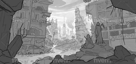 Ruined City Concept Art, Ruined City Drawing, City Environment Concept Art, City Ruins Concept Art, Abandoned City Drawing, Ruins Concept Art, Perspective Cityscape, Forest Magical, Abandoned City