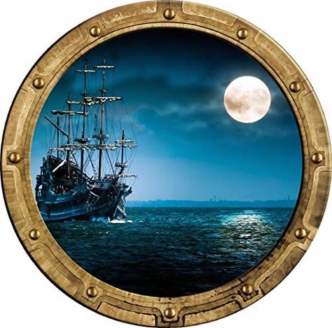 18" Port Scape Instant Sea Window View Ship in Moonlight #1 Rustic Porthole Wall Decal Sticker Graphic Pirate Boat Oc... Baby Wall Stickers, Sea Pirates, Navy Bedroom, Kids Game Room, Boat Illustration, Pirate Boats, Porthole Window, Bedroom Theme, Sticker Graphic