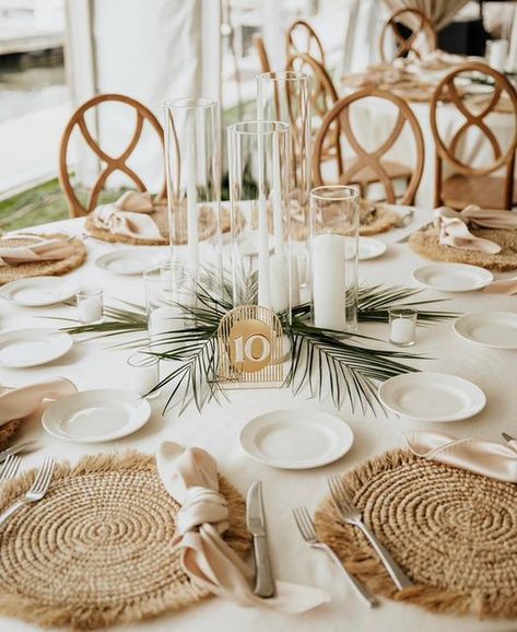 Waterford Event Rentals on Instagram: "Hello October!! 🍂 But can we still be dreaming of palms & coconuts 🌴 📸: @caseysmithphototography Venue: @cavaliergyc Event Planner: @coastyleweddings Floral Design: @thecollectionbycourtneyinghram Linens/Napkins/Chargers/Chairs: @waterfordeventrentals Videography: @michaellemleyfilms #weddingvibes #weddingbells #sayingido #weddinginspiration #weddingmoments #gettinghitched #brideandgroomlife #destinationwedding #fallwedding #mrandmrs #weddingbliss #wedd Tulum Wedding Aesthetic, Coconut Table Decor, Simple Beach Wedding Table Decor, Destination Wedding Table Decor, Tropical Wedding Table Settings, Neutral Tropical Wedding, Beach Reception Ideas, Palm Wedding Decor, Bali Wedding Decor