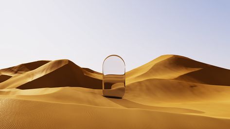 Mirrors of Deserts on Behance Mirror Desert, Cinematic Frames, Desert Shoot, Desert Photoshoot, Mirror Photography, Desert Photography, Desert Art, Maxon Cinema 4d, Glass Boxes