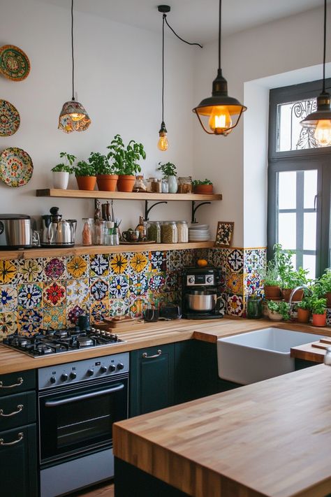 15 Ideas for a Stunning Backsplash with Butcher Block Countertops – Elegant Inspo Small Boho Kitchen Ideas, Small Boho Kitchen, Portugal Kitchen, Patterned Backsplash, Modern Boho Kitchen, Eclectic Kitchen Design, Earthy Kitchen, Moroccan Kitchen, Boho Kitchen Ideas