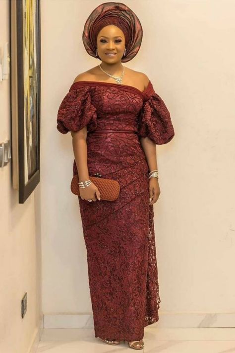 beautiful off-shoulder style Lace Styles For Wedding Guest, Lace Gown Styles Aso Ebi, Lace Gown Styles Nigerian, Asoebi Lace Styles, Aso Ebi Dresses, Aso Ebi Lace, Aso Ebi Lace Styles, Ankara Blouse, African Party Dresses