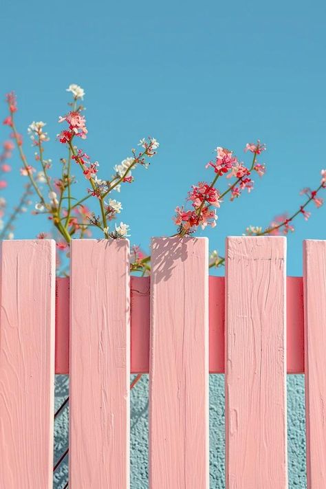 Creative Fence on Top of Wall Design Ideas Pink Fence, Fence Aesthetic, Flowers Growing On Fence, Metal Fence Aesthetic, Picket Fence Aesthetic, Modern Farmhouse Staircase, Wood World Map, Concept Board, World Map Wall Art