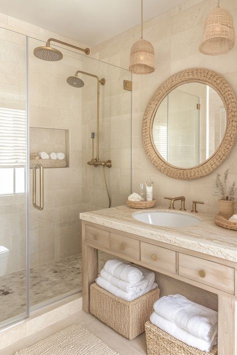 Small Beachy Bathroom Ideas, Cute Bathroom Ideas Modern, Light Aesthetic Bathroom, White Aesthetic Bathroom Ideas, Beige Half Bathroom Ideas, Beige Natural Bathroom, Small Bathroom Ideas Natural, Cream Aesthetic Bathroom, Cream Modern Bathroom