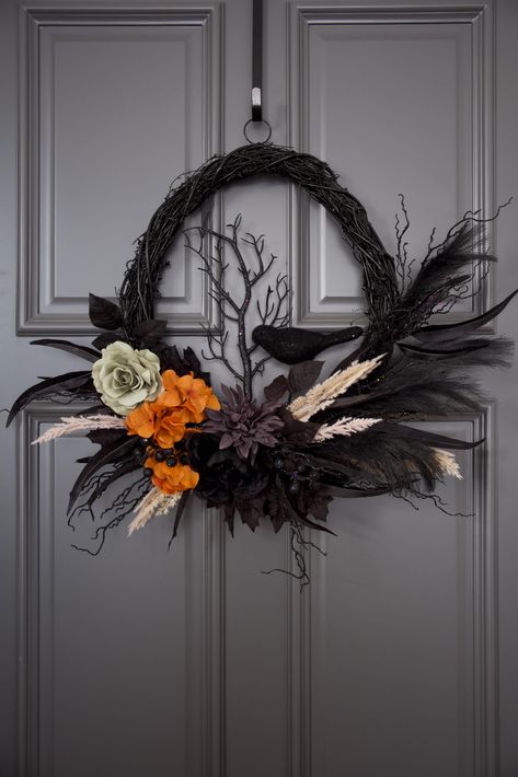 PRICES MAY VARY. Unique Design: This oval Halloween wreath is a standout decoration for your front door and porch, creating a perfect blend of elegance and spookiness for the Halloween Holiday Handcrafted with Care: Each wreath is meticulously handcrafted by experienced wreath makers, ensuring that every piece is unique and of the highest quality Natural Materials: The oval base is handwoven from natural grapevines, painted black and naturally air-dried to enhance the Halloween vibe Large Size: Halloween Front Door Wreath, Grapevine Halloween Wreath, Halloween Wreaths For Front Door Diy, Door Wreaths Halloween, Oval Wreath, Wreath Party, Halloween Front Door Decorations, Halloween Door Wreaths, Spooky Wreath