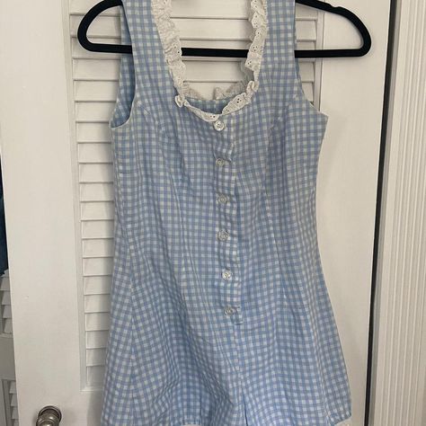 Gingham Romper Stunnnnning vintage gingham romper... - Depop Blue Gingham Outfit, Magical Closet, General Aesthetic, Gingham Romper, Gingham Outfit, Vintage Gingham, Vintage Romper, Pattern Romper, Ooey Gooey