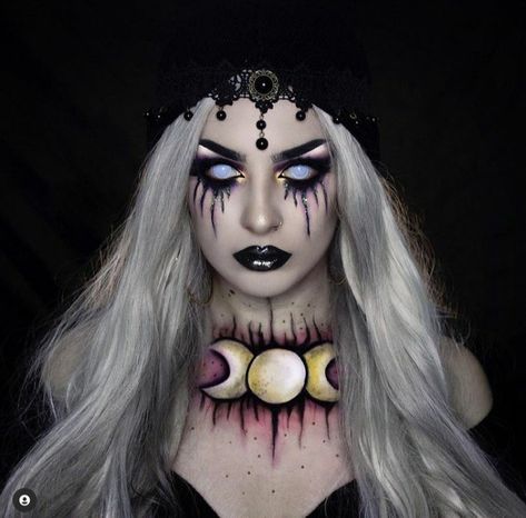 Demon Inspired Makeup, Scary Fortune Teller Makeup, Scary Fortune Teller Costume, White Contacts Makeup, Scary Fortune Teller, Demon Makeup Scary, White Witch Makeup, Fortune Teller Makeup, Scary Witch Makeup