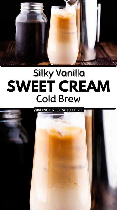 Elevate your coffee game with this smooth and creamy Vanilla Sweet Cream Cold Brew! This refreshing iced coffee combines rich, bold cold brew with a velvety vanilla sweet cream for the perfect balance of flavors. Easy to make at home, it's a yummy pick-me-up for any time of day. Cold Brew Vanilla Iced Coffee, How To Make Cold Brew Coffee, Starbucks Sweet Cream, Vanilla Sweet Cream Cold Brew, Vanilla Iced Coffee Recipe, Sweet Cream Cold Brew, Homemade Cold Brew Coffee, Vanilla Sweet Cream, Vanilla Iced Coffee