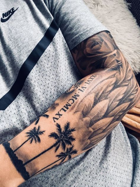 Tattoo Planets, Tree Sleeve Tattoo, Model Tattoos, Tattoo Placements, Palm Tattoos, Men Tattoo, Forearm Tattoo Design, Cool Forearm Tattoos, Palm Tree Tattoo